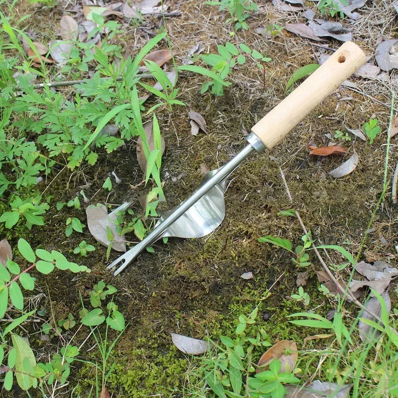 Unkrautstecher mit Holzgriff und V-Gabel aus Edelstahl, Handwerkzeug zum Entfernen von Unkraut und Lockern der Erde