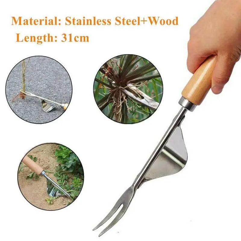 Hand-Unkrautstecher mit Holzgriff, Manueller Unkrautentferner aus Edelstahl, Wurzelentferner fur Garten, 31 cm