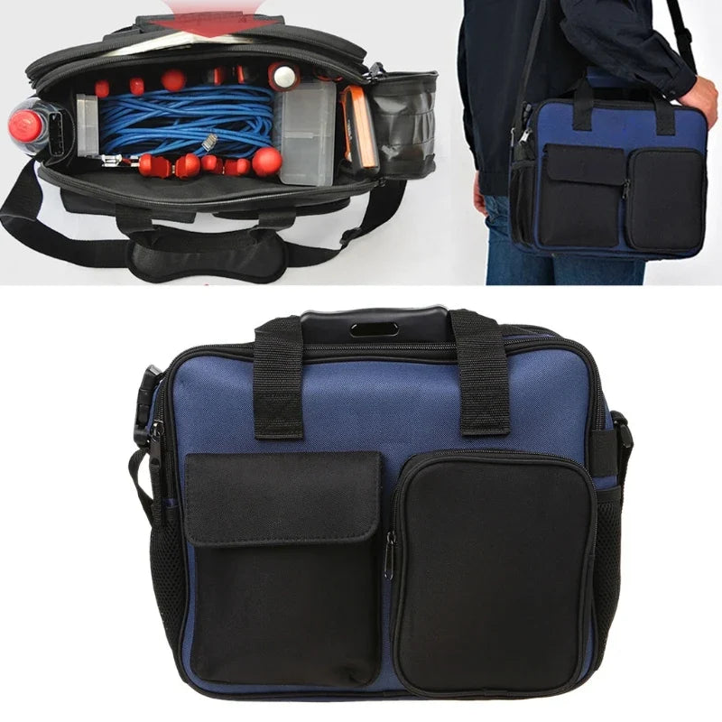 Werkzeugtasche mit Schultergurt aus 600D Oxford-Gewebe, Tragbare Werkzeugtasche mit Reflektierendem Streifen und Aufbewahrungsfächern